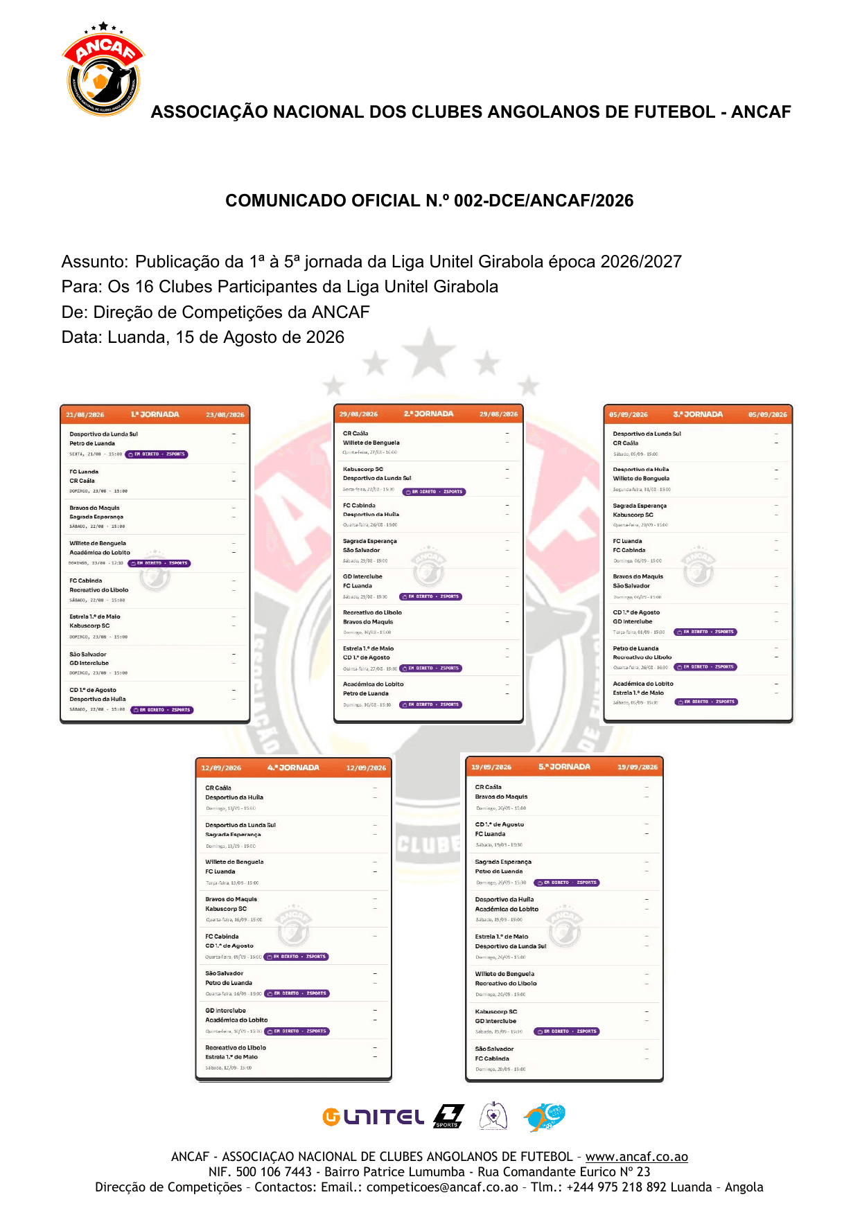 Página 1 do Publicação da 1.ª à 5.ª jornada da Liga Unitel Girabola 2026/2027