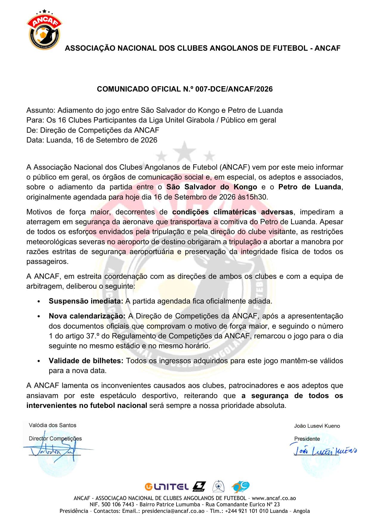 Página 1 do Adiamento do São Salvador do Kongo–Petro de Luanda