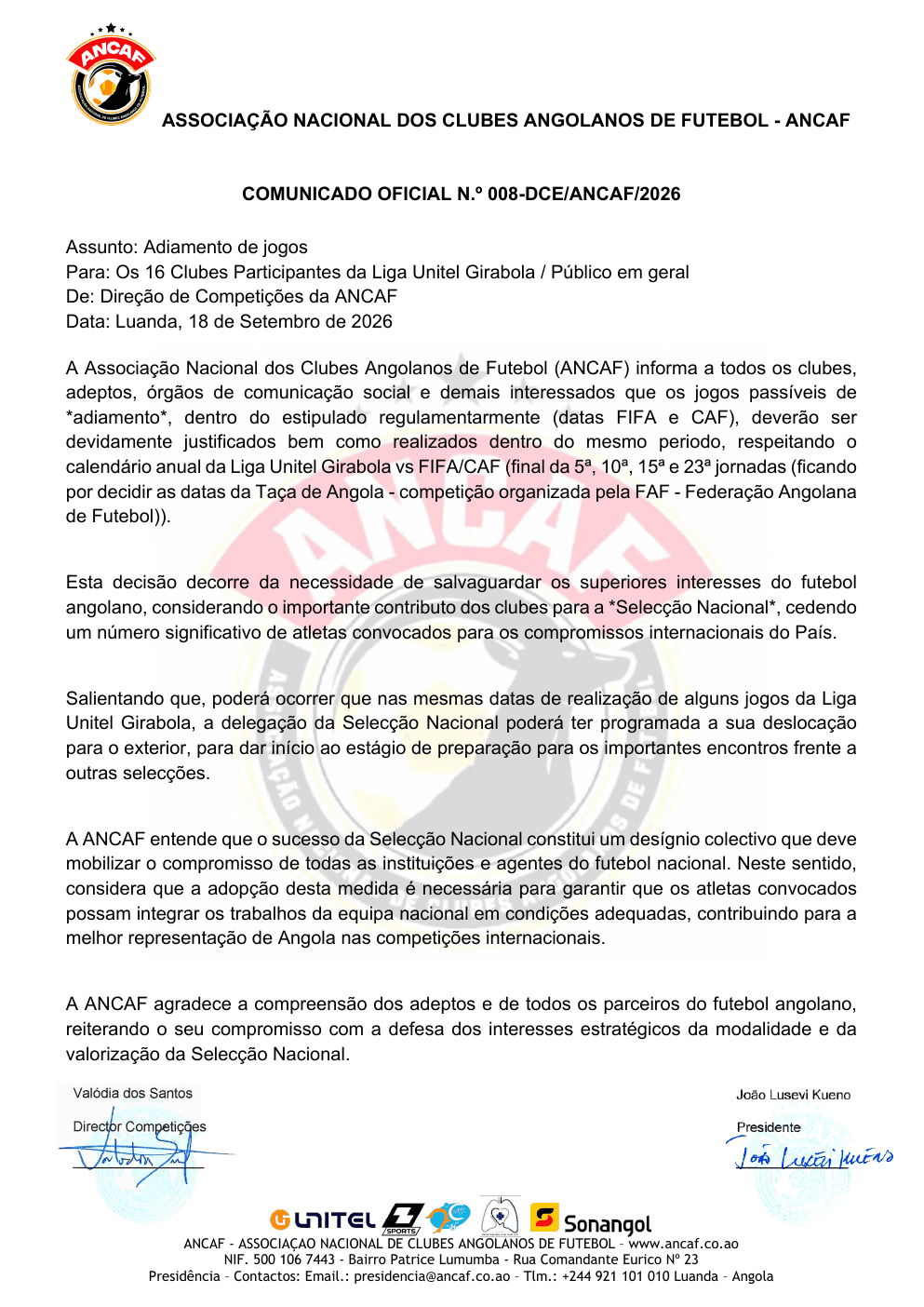 Página 1 do ANCAF define condições para o adiamento de jogos
