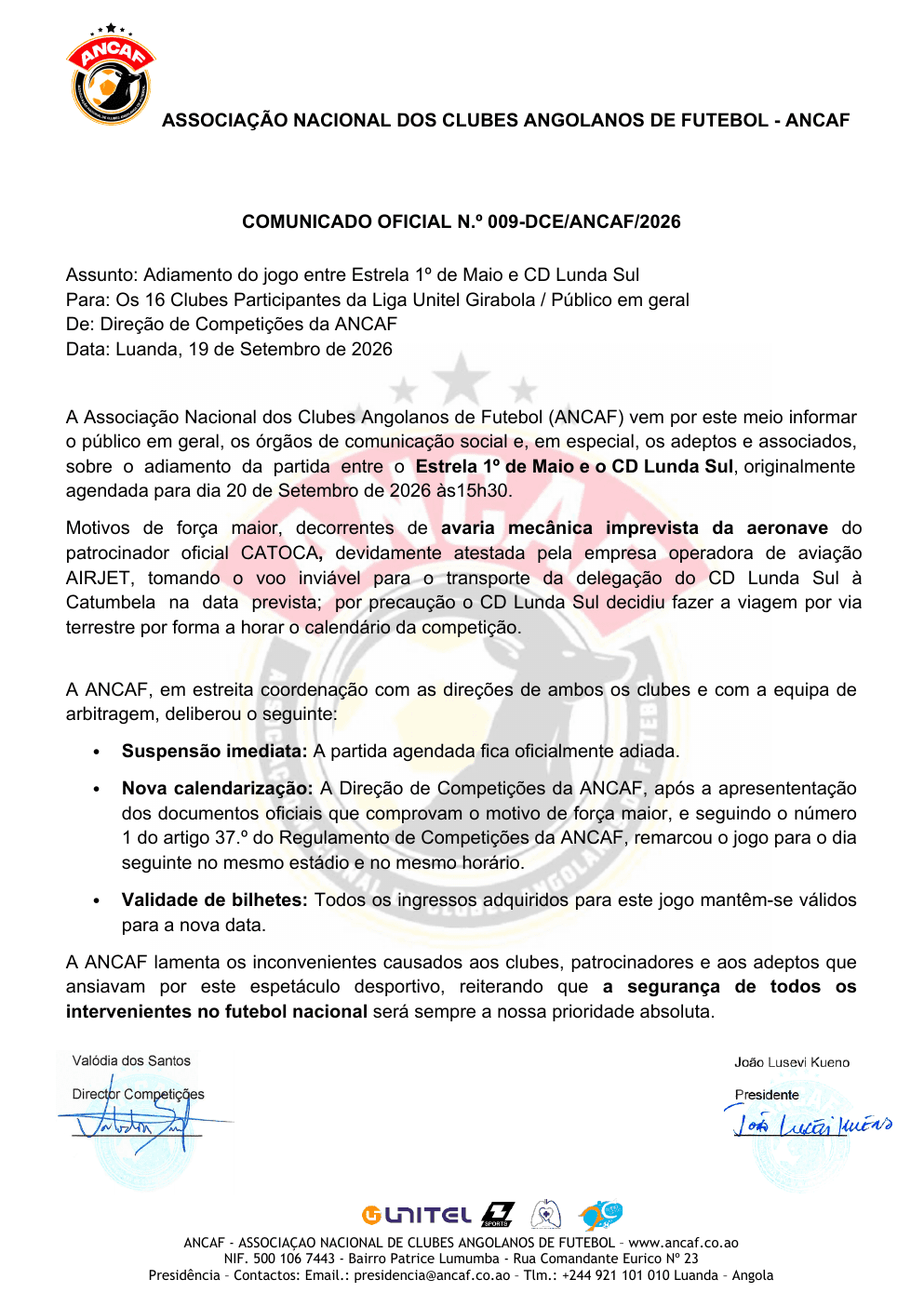 Página 1 do Estrela 1.º de Maio–CD Lunda Sul remarcado para 21 de setembro