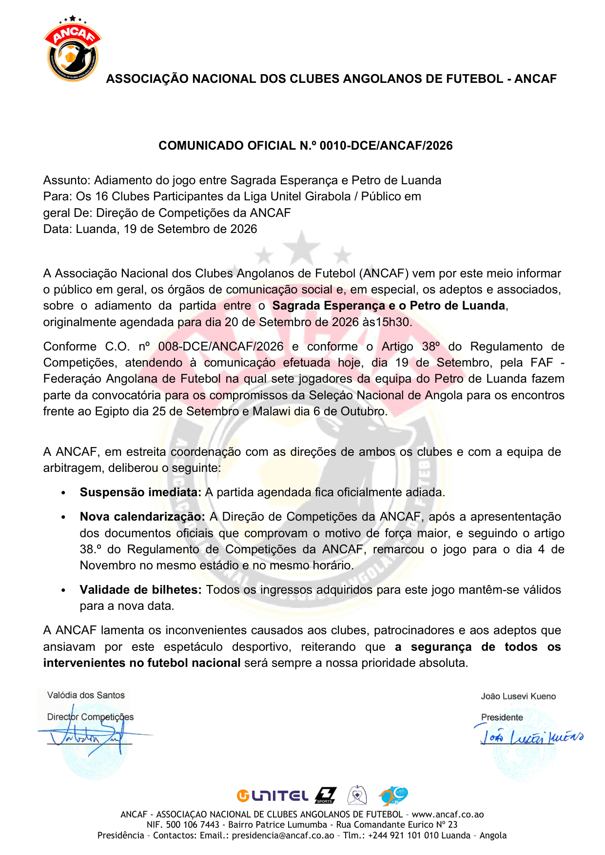 Página 1 do Sagrada Esperança–Petro de Luanda adiado para 4 de novembro