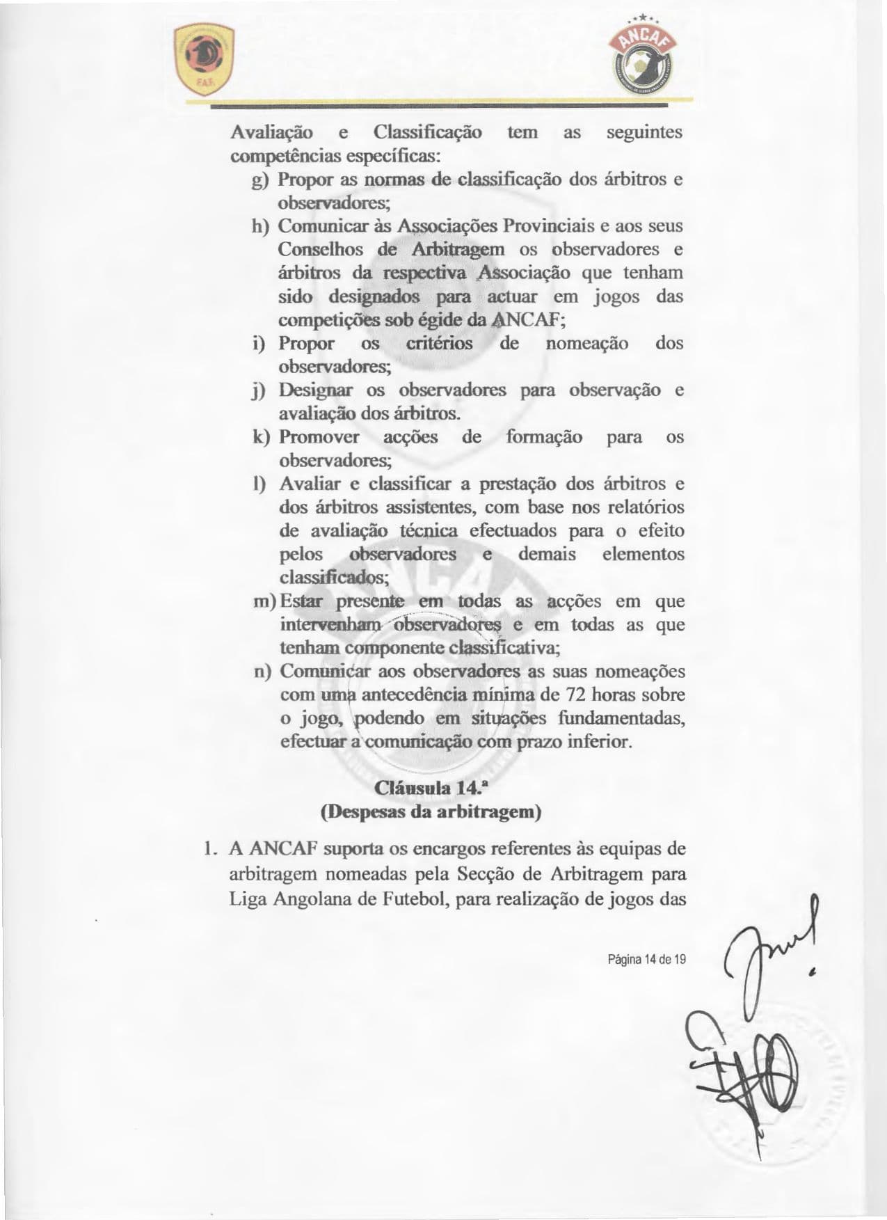 Página 14 do Contrato de cedência da gestão do Girabola entre a FAF e a ANCAF