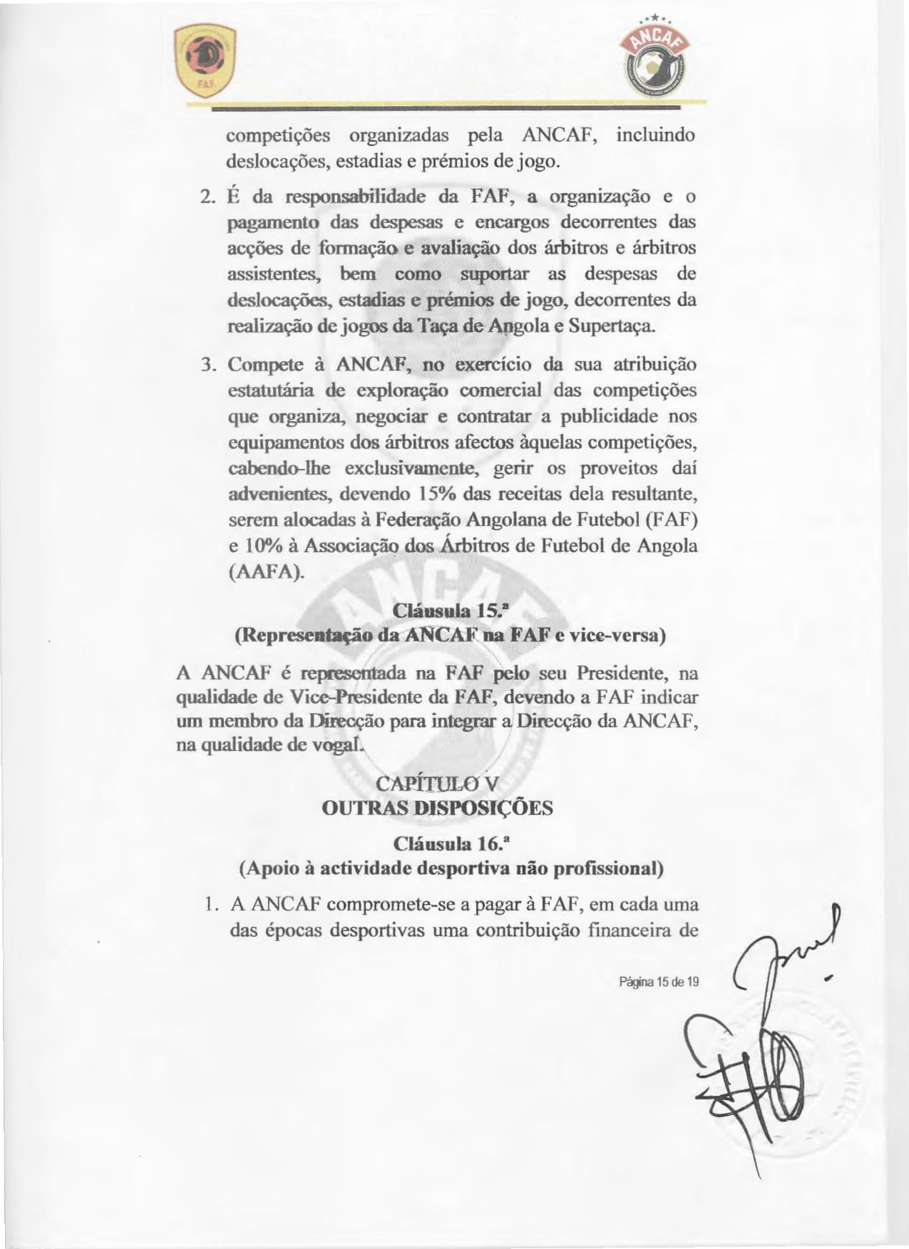 Página 15 do Contrato de cedência da gestão do Girabola entre a FAF e a ANCAF