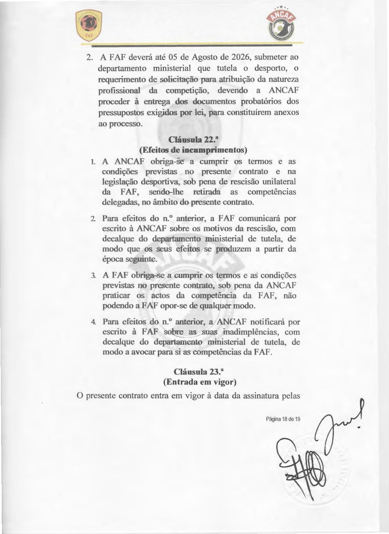 Página 18 do Contrato de cedência da gestão do Girabola entre a FAF e a ANCAF