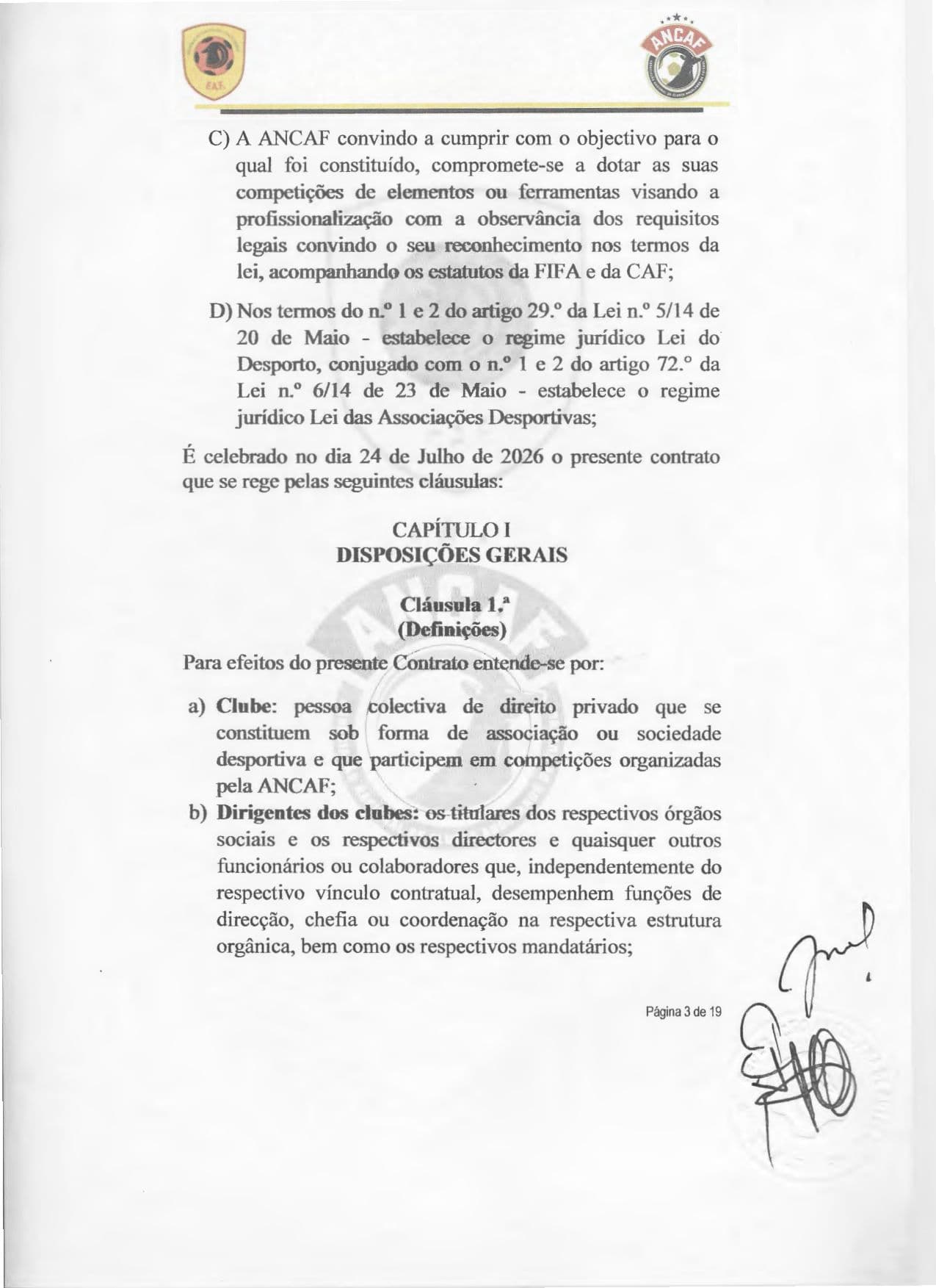 Página 3 do Contrato de cedência da gestão do Girabola entre a FAF e a ANCAF