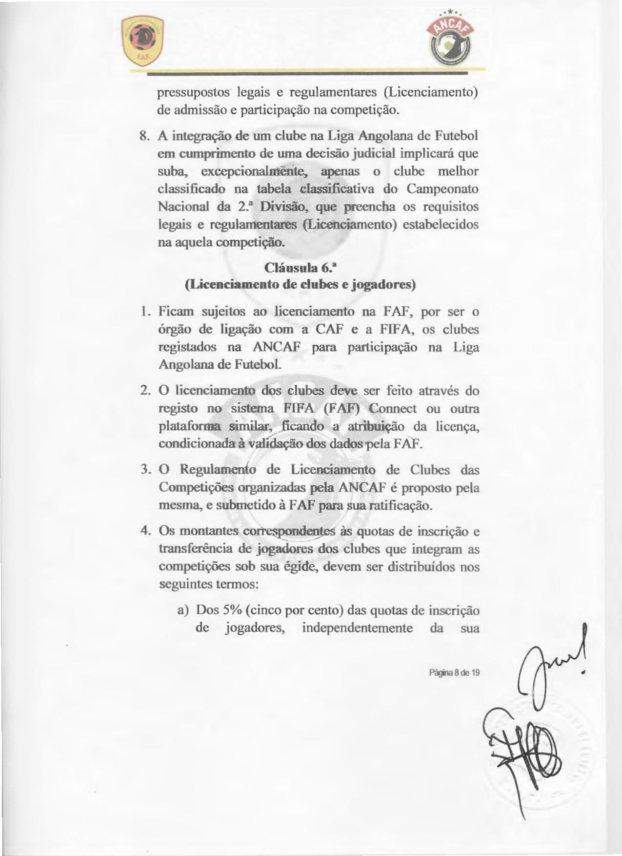 Página 8 do Contrato de cedência da gestão do Girabola entre a FAF e a ANCAF