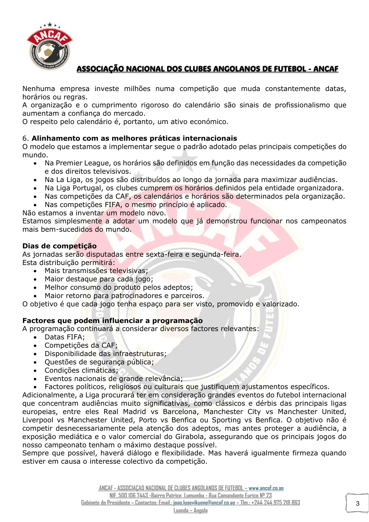 Página 3 do Mensagem do Presidente da ANCAF sobre a Liga Unitel Girabola 2026/2027